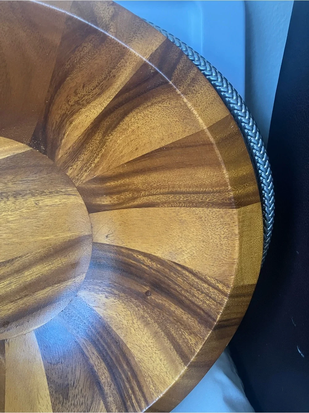 Nambe Braid Collection Large Oval Acacia Wood Handled Salad Serving Bowl USED.